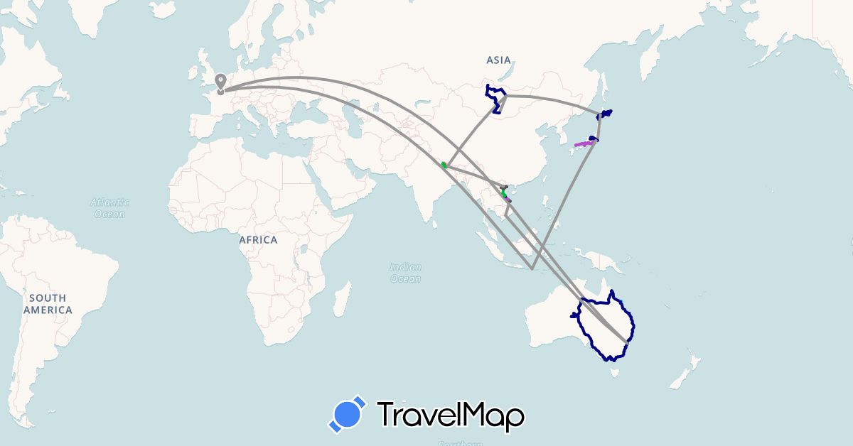 TravelMap itinerary: driving, bus, plane, train, hiking, boat, motorbike in Australia, France, Indonesia, Japan, Mongolia, Nepal, Vietnam (Asia, Europe, Oceania)